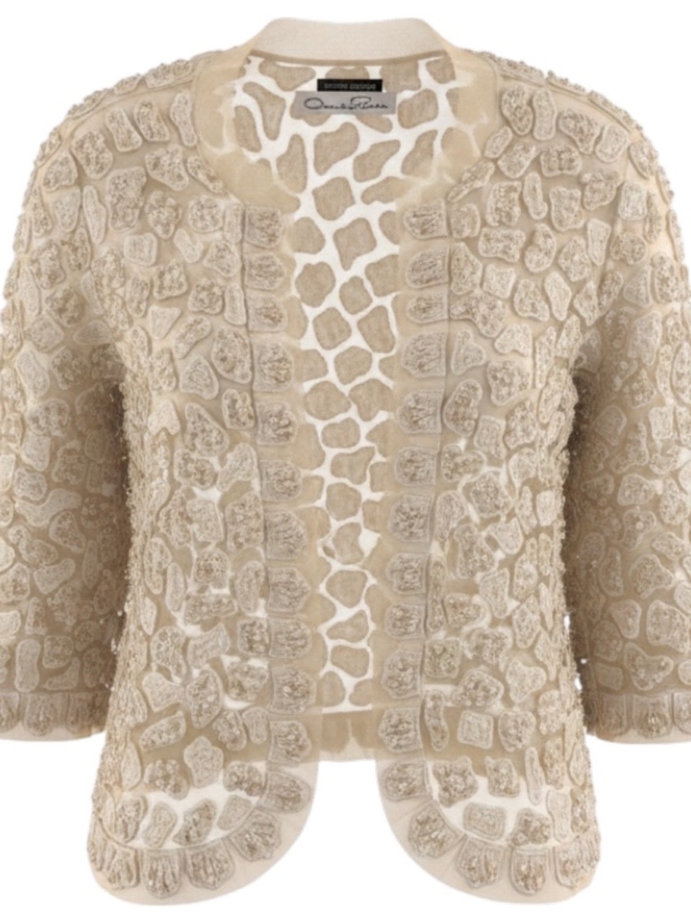 OSCAR DE LA RENTA BEIGE EMBROIDERED MESH TULLE OPEN FRONT JACKET